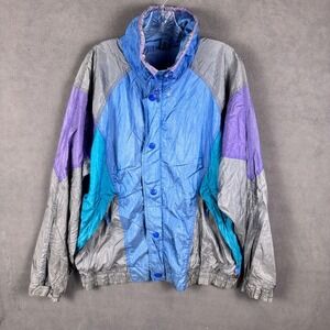 Mighty Mac Colorblock Blue Purple Gray Track Zip Nylon Jacket Unisex M 80s Retro